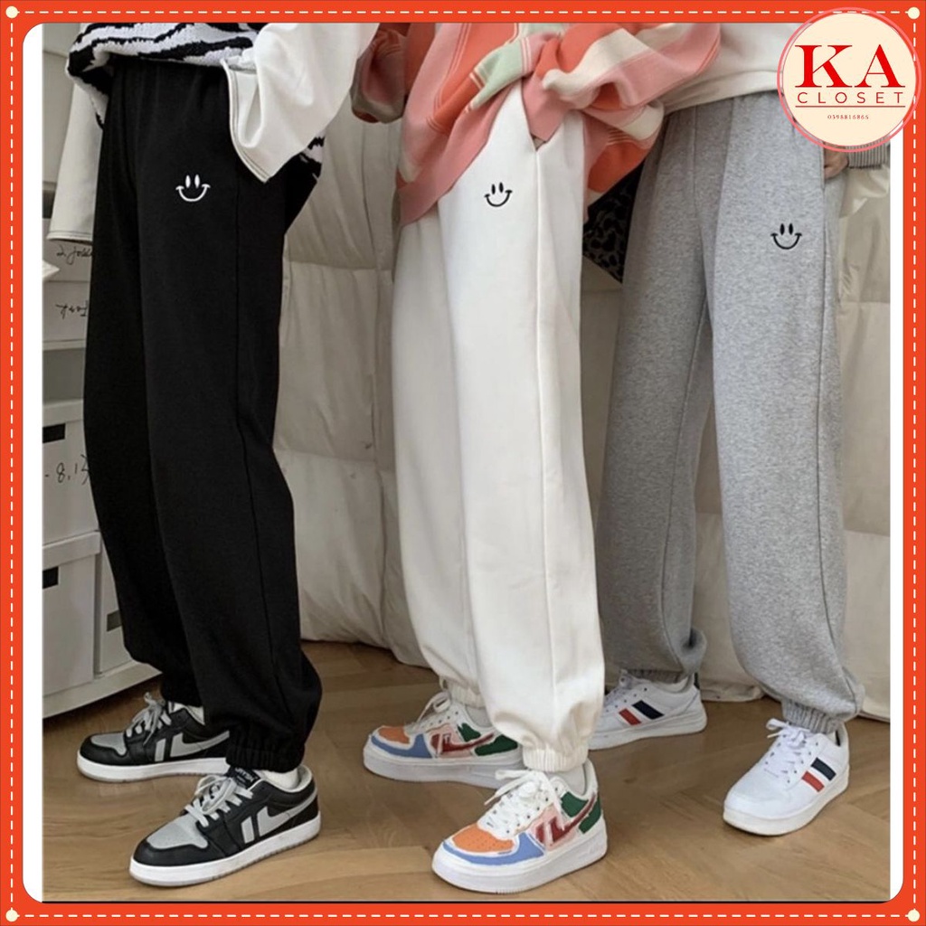 Quần Nỉ boom logo mặt cười- Quần Nỉ form rộng chun gấu, jogger thun trơn Siêu HOT HIT