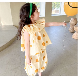 Bộ quần áo chấm bi áo cổ xòe - vàng cam