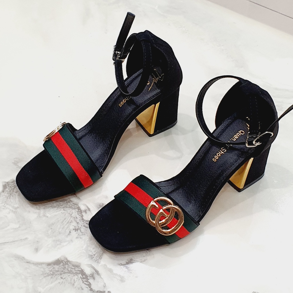 GIÀY SANDAL NỮ - CAO GÓT 7P GUUCI ĐẾ TRỤ MẠ VÀNG T245