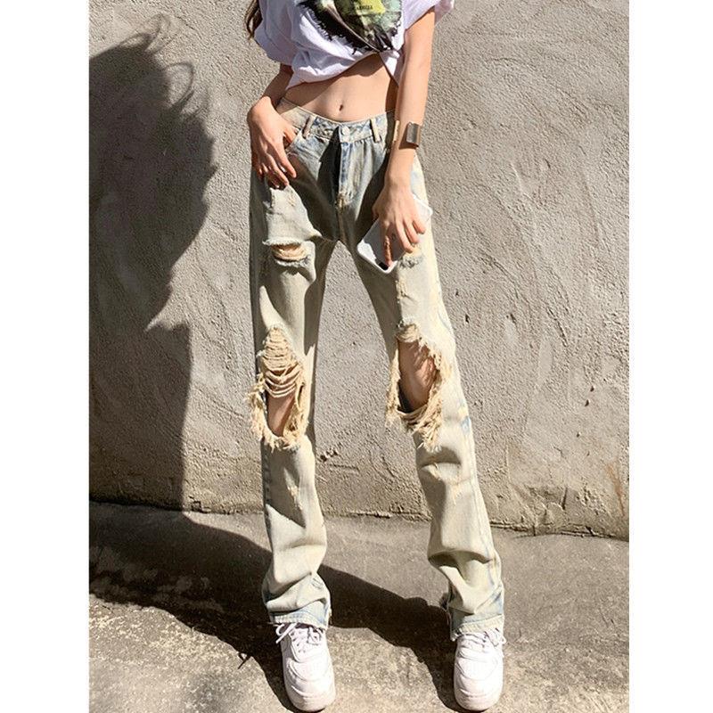 Quần Jeans Dài Lưng Cao Ống Suông Phối Rách Phong Cách Hip Hop Đường Phố Cá Tính Cho Nữ