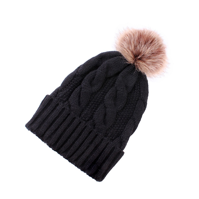 [QLQL] Mũ Beanie Dệt Kim Vải Nhung Đính Bóng Lông Lớn Màu Trơn Ấm Áp Mùa Thu Đông Dành Cho Bạn Nữ