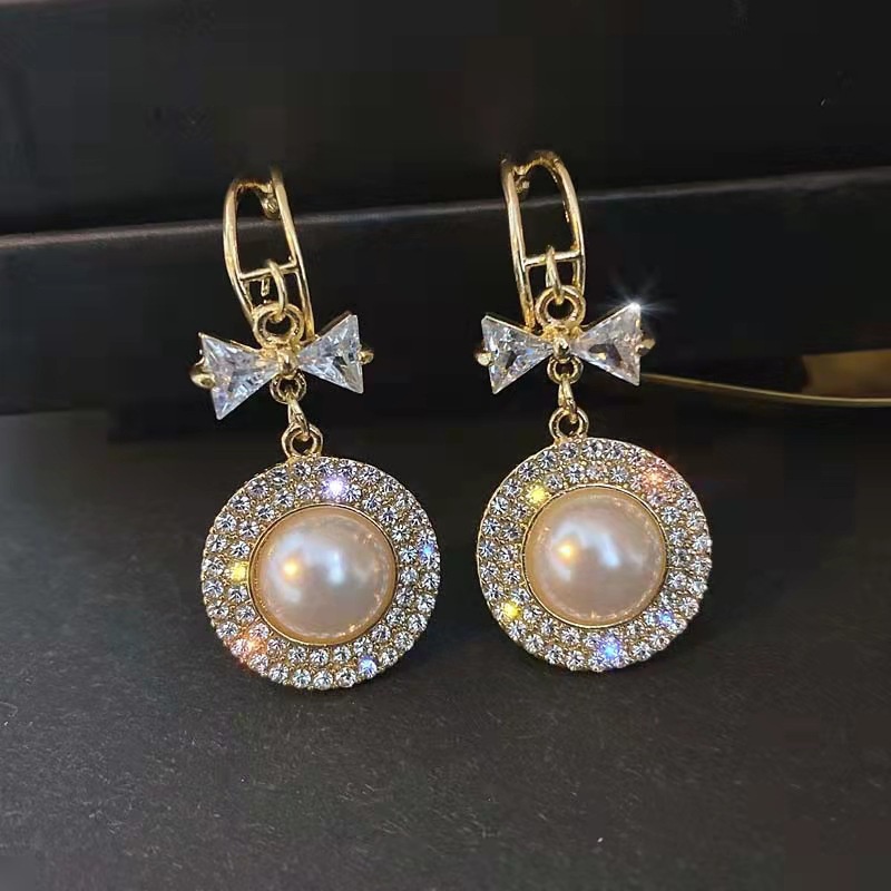 Khuyên Tai Bạc S925 Hình Nơ Đính Đá Và Ngọc Trai Sang Trọng Cổ Điển