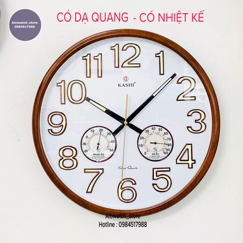 [ 45x45 cm ) Đồng hồ treo tường Kashi HM406-3 mặt số dạ Quang có nhiệt kế và ẩm kế