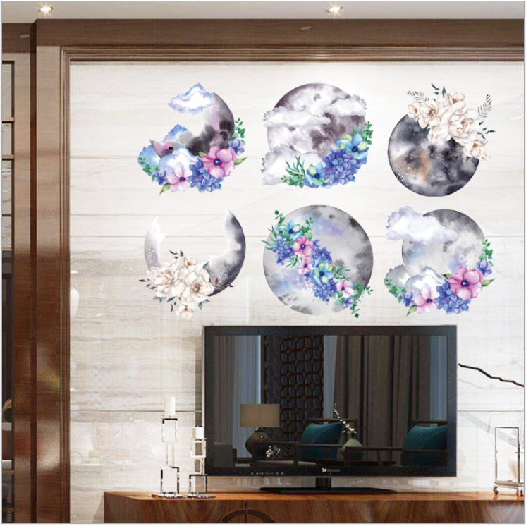 Decal dán tường trang trí - BỘ TRANH HOA TÍM TRĂNG HUYỀN ẢO HIỆN ĐẠI
