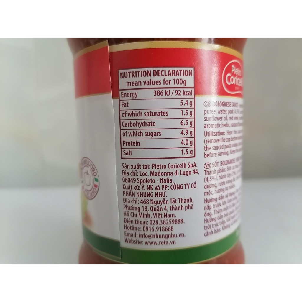 [Lọ 350g – BOLOGNESE ] XỐT CÀ CHUA THỊT BÒ [Italia] PIETRO CORICELLI Bolognese Spaghetti Sauce (nhn)