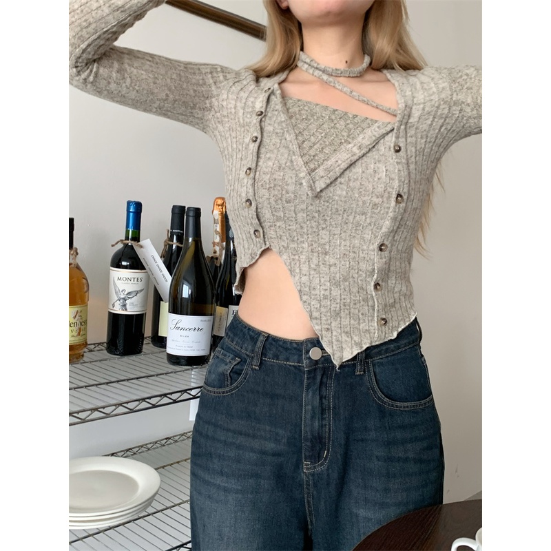 QKOOLE  Korean women's clothing Fashion solid color croptop knit long sleeve top