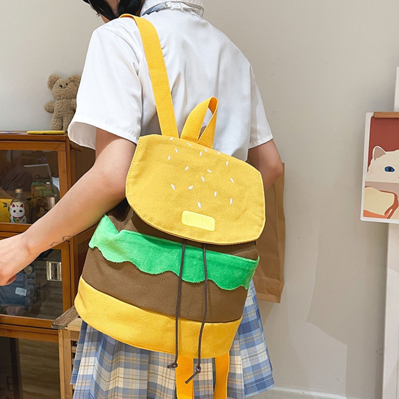 Ba Lô Dây Rút Vải Canvas Sức Chứa Lớn Hình Hamburger Dùng Mua Sắm