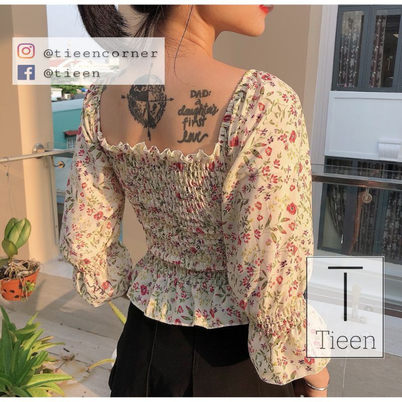 Áo Croptop Voan Xịn Cổ Vuông Dài Tay Hoạ Tiết Hoa Nhí UlzzangTuyết's House