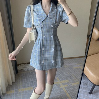 Đầm xanh sọc caro dáng vest trẻ trung