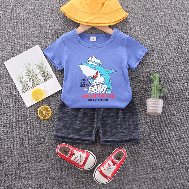 Fashion Cartoon Shark Pattern Short-sleeved Male Baby Suit Korean Summer New Children's Two-piece Children's Clothing