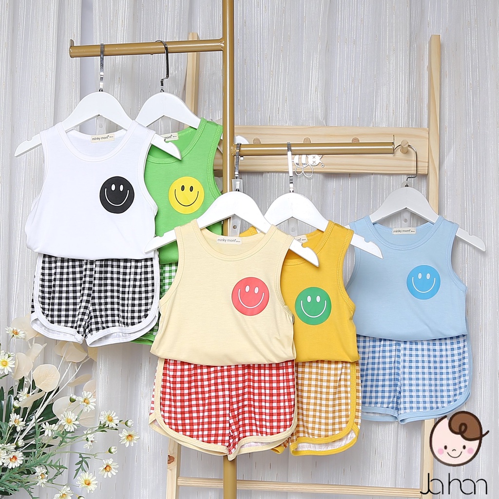 Bộ Ba Lỗ Cho Bé Trai, Bé Gái Minky Mom Vải Thun Lạnh Họa Tiết Mặt Cười Quần Kẻ, Bộ Mặc Nhà Cho Bé - BL4