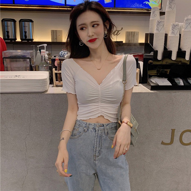 Áo Croptop dệt kim tay ngắn thiết kế cổ chữ V quyến rũ
