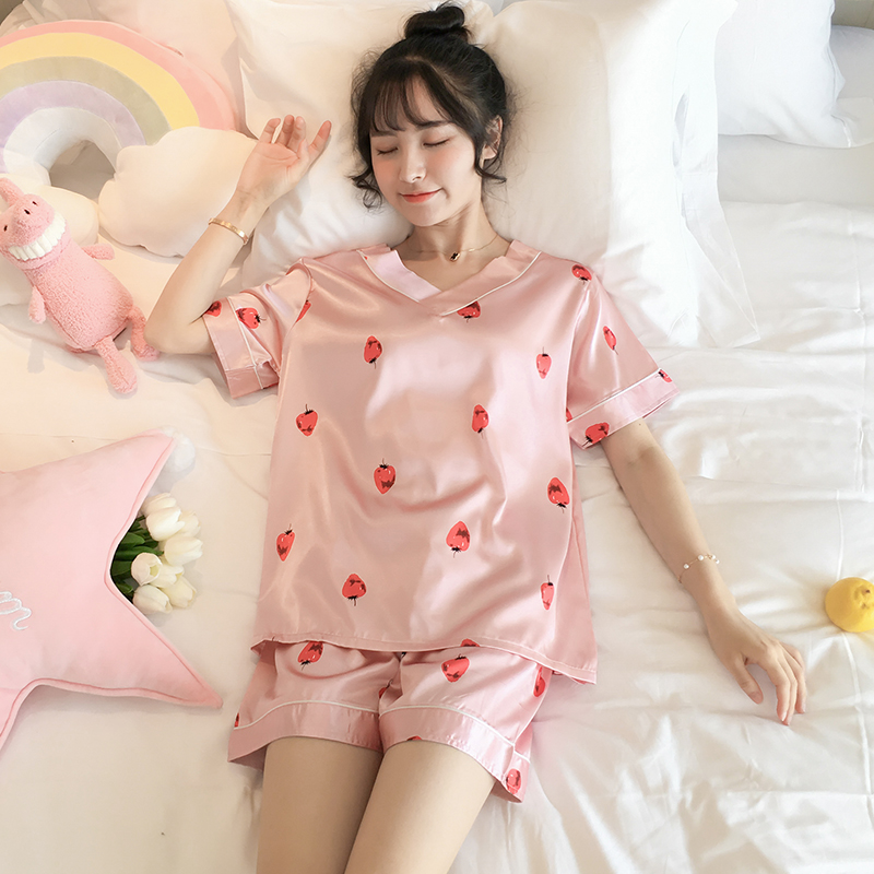 Bộ Đồ Ngủ Vải Lụa Satin In Họa Tiết Trái Cây Phong Cách Hàn Quốc Cho Nữ Size M-5Xl