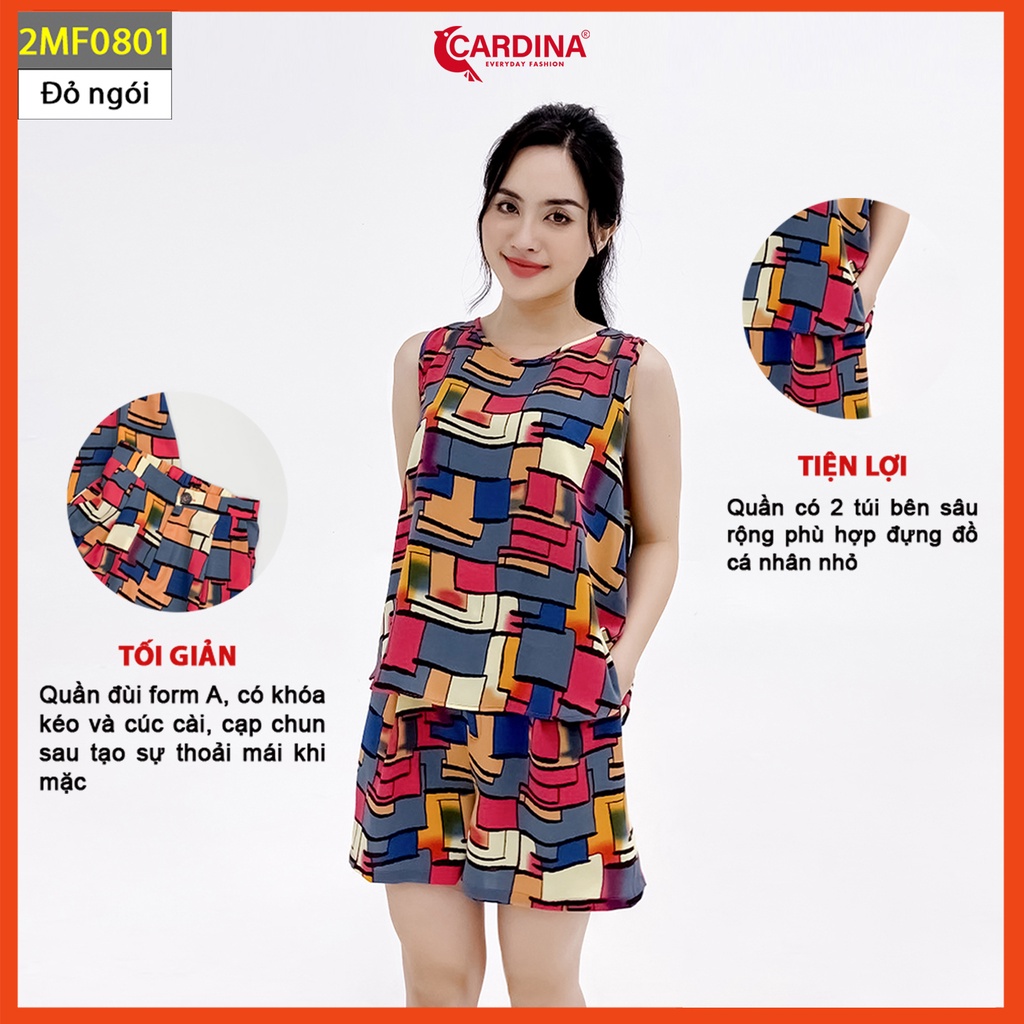 Đồ bộ nữ CARDINA chất lụa Mango cao cấp quần đùi cài cúc có khóa áo sát nách họa tiết 2MF08