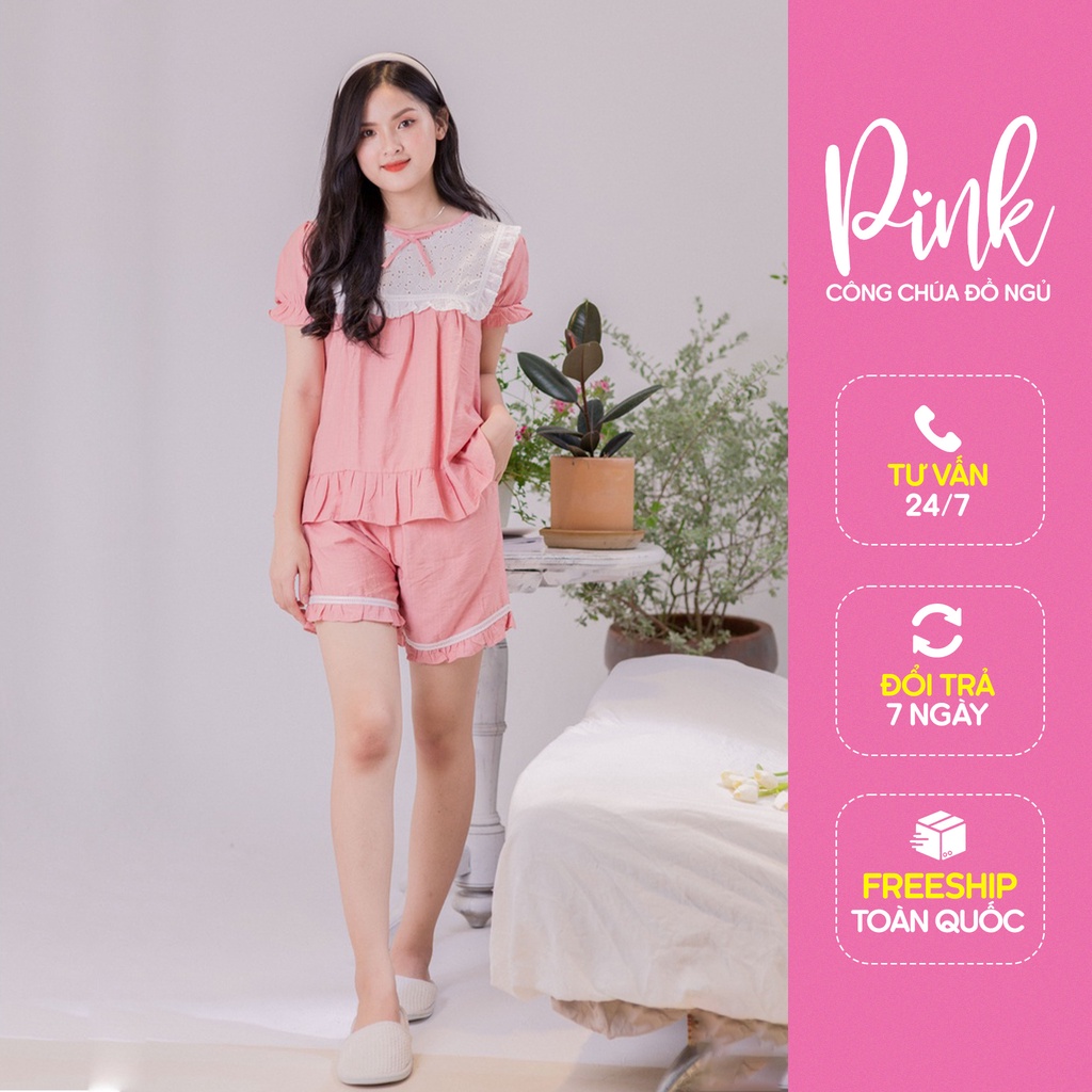 Bộ Ngủ Pijama Nữ Tay Ngắn Quần Đùi Chất Đũi Cao Cấp Màu Hồng Phong Cách Ulzzang Hàn Quốc HOT TREND