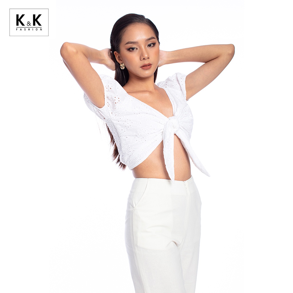 Áo Croptop Trắng Thắt Nơ Tay Phồng K&amp;K Fashion ASM06-01 Chất Liệu Xô Thêu