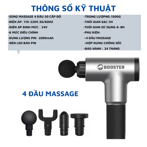 Máy massage cầm tay 4 đầu 6 chế độ trị đau nhức toàn thân hiệu quả, súng massage kèm 4 đầu mát xa chuyên sâu