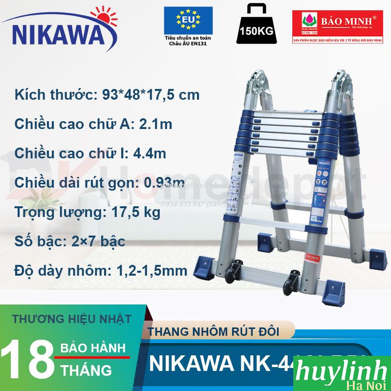 Thang nhôm rút đôi chữ A Nikawa NK-44AI PRI - 4.4 mét - Có bánh xe
