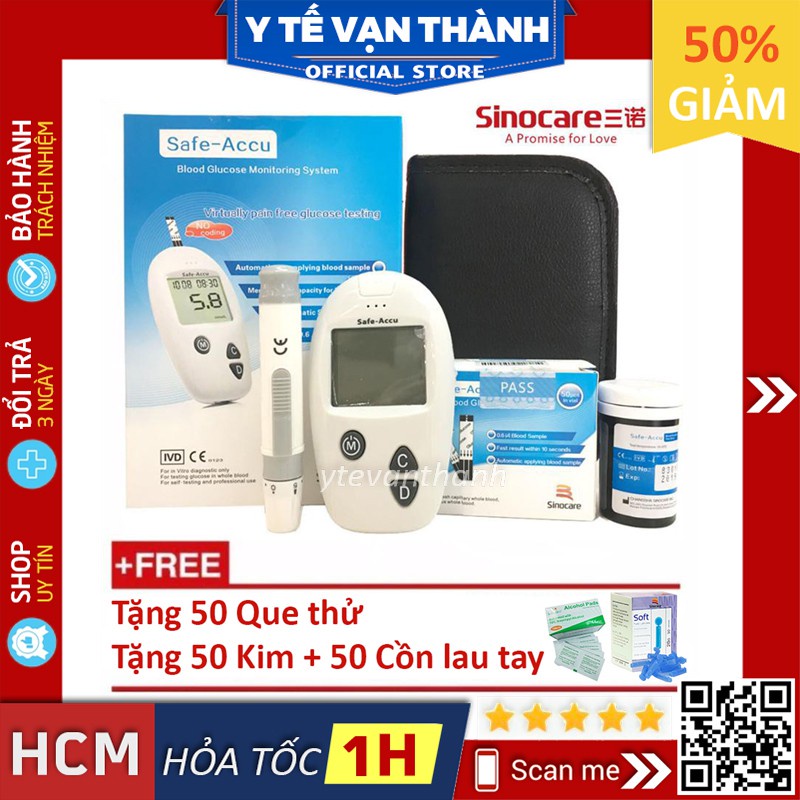 ✅ [TRỌN BỘ] Máy Đo Đường Huyết- Sinocare Safe-Accu (+ 50 Que, 50 Kim, Cồn) (miligam) -VT0560 | Y Tế Vạn Thành