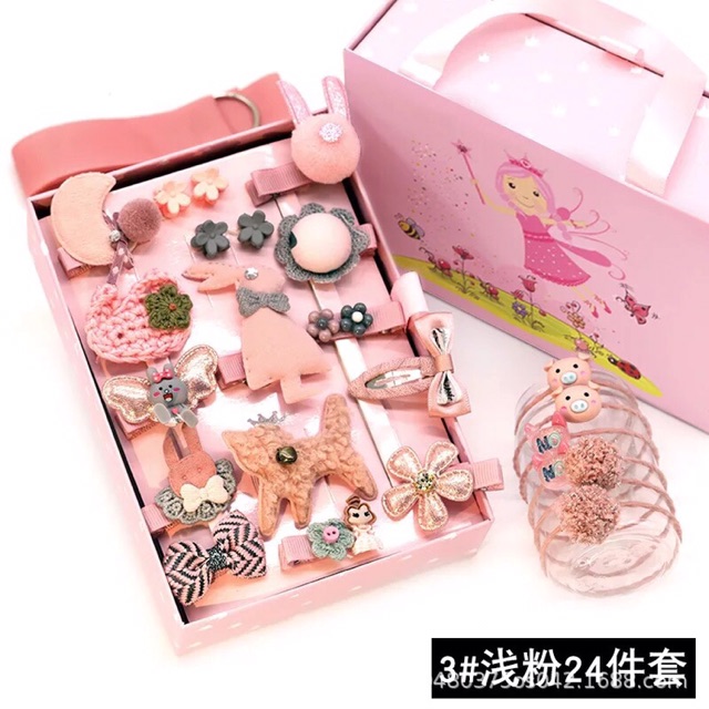 Set Dây buộc tóc gồm 24 chi tiết,cho bé gái tha hồ lựa chọn kẹp tóc xinh