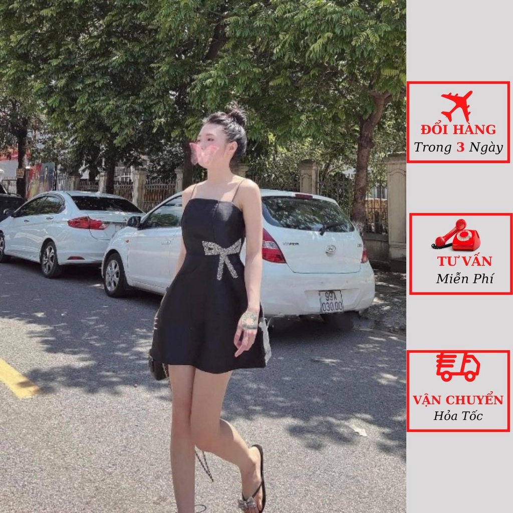 Váy 2 dây nữ tacta đính nơ eo tiểu thư bánh bèo dáng ngắn ôm body đi tiệc cưới ulzzang Hàn Quốc