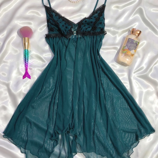 Đầm ngủ sexy 2 dây ren lưới mịn xanh cổ vịt