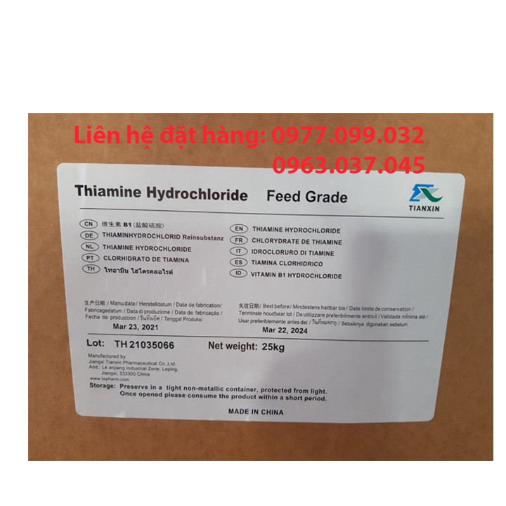 Nguyên liệu Vitamin B1 HCL Feed Grade. Hỗ trợ tăng trưởng, tiêu hóa. Thùng 25kg