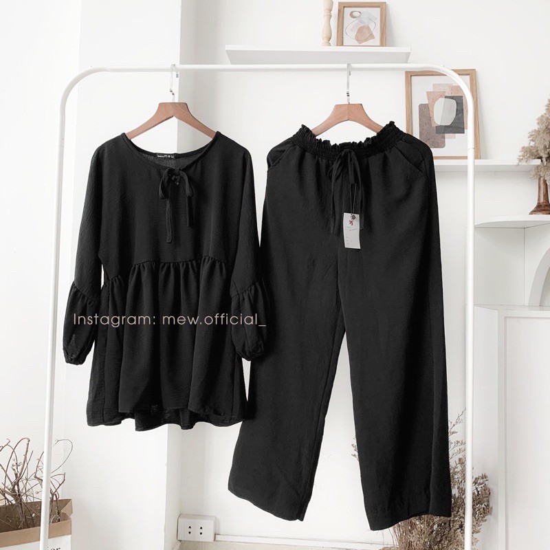 Set Áo Babydoll và Quần ống rộng cạp chun, ảnh thật