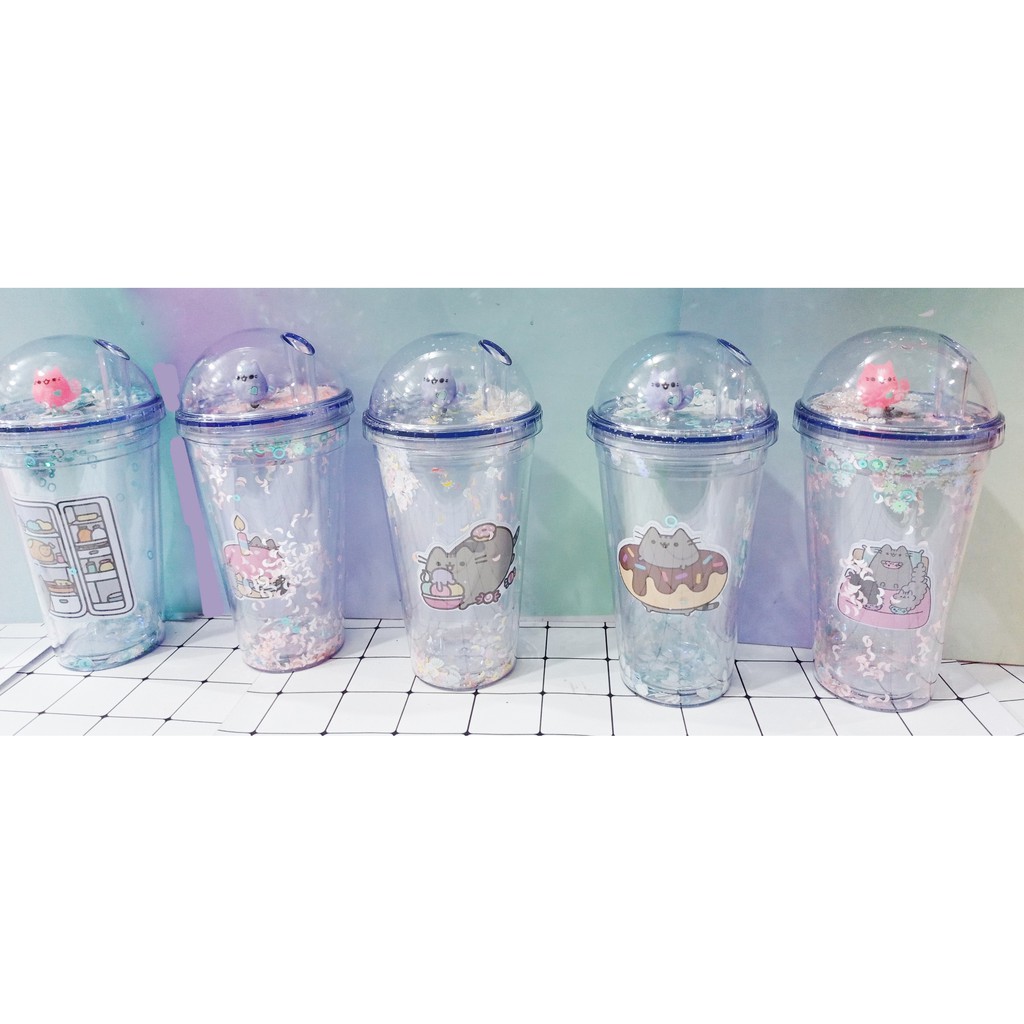cốc 2 lớp kim tuyến pusheen khủng long nắp cầu CNCKI2 cốc giữ nhiệt ly 2 lớp nắp cầu cốc làm lạnh dễ thương 500ml