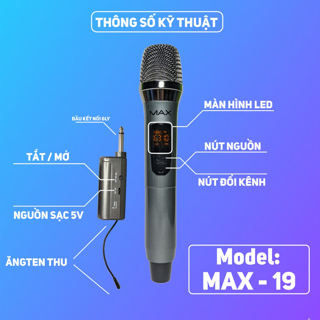 Micro Karaoke Không Dây Giá Rẻ Micro MAX19 Cao Cấp Dành Cho Dàn Kara Gia Đình Hát Live, Loa Bluetoth, Loa Kẹo Kéo, Amply