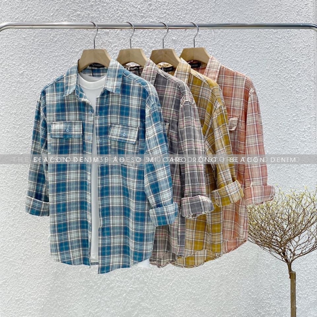 BST Áo Sơ Mi Nam Form Rộng Mẫu Caro Mới Hai Túi, Kẻ Nổi BEACON DENIM Mã 418-423