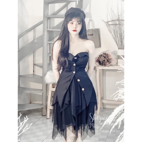 Set áo ống cúp ngực nhún thun sau và chân váy lưới nhọn alohashop91