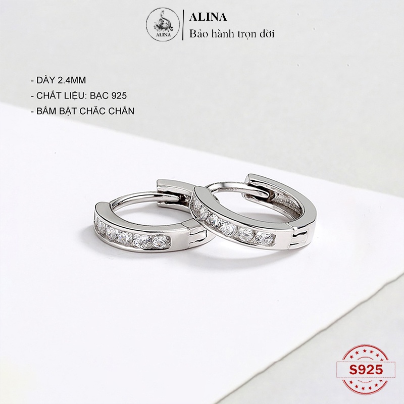 Khuyên Tròn Bạc 925 Dày 2.4mm Bấm Bật Đính Đá Đơn Giản Khoen Tròn Nam Nữ ALINA 1047