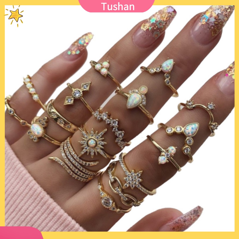 Set 17 Nhẫn Đeo Tay Đính Đá Phong Cách Bohemian Thời Trang Cho Nữ