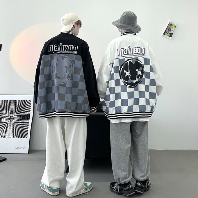 Áo Khoác Bóng Chày Unisex Dáng Rộng Họa Tiết Sọc Caro Phong Cách Hip Hop Thời Trang Cho Các Cặp Đôi