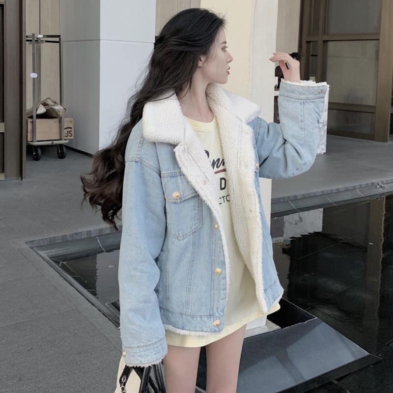Áo Khoác Denim Cotton Len Lông Cừu Dày Đệm Cotton Phong Cách Hàn Quốc Thời Trang Mùa Đông Mới Cho Nữ