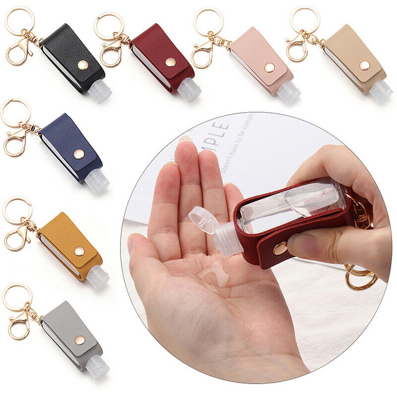 Chai chiết nước rửa tay rỗng dung tích 30ml kèm giá đỡ chìa khóa/ túi xách bằng da tiện dụng