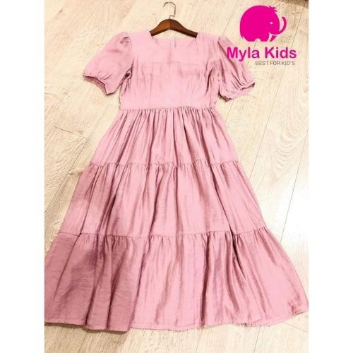 Set đầm đôi mẹ và bé gái ngắn tay màu hồng nhạt váy tơ lụa organza an toàn cho bé Myla Kids kèm ảnh feetback của khách