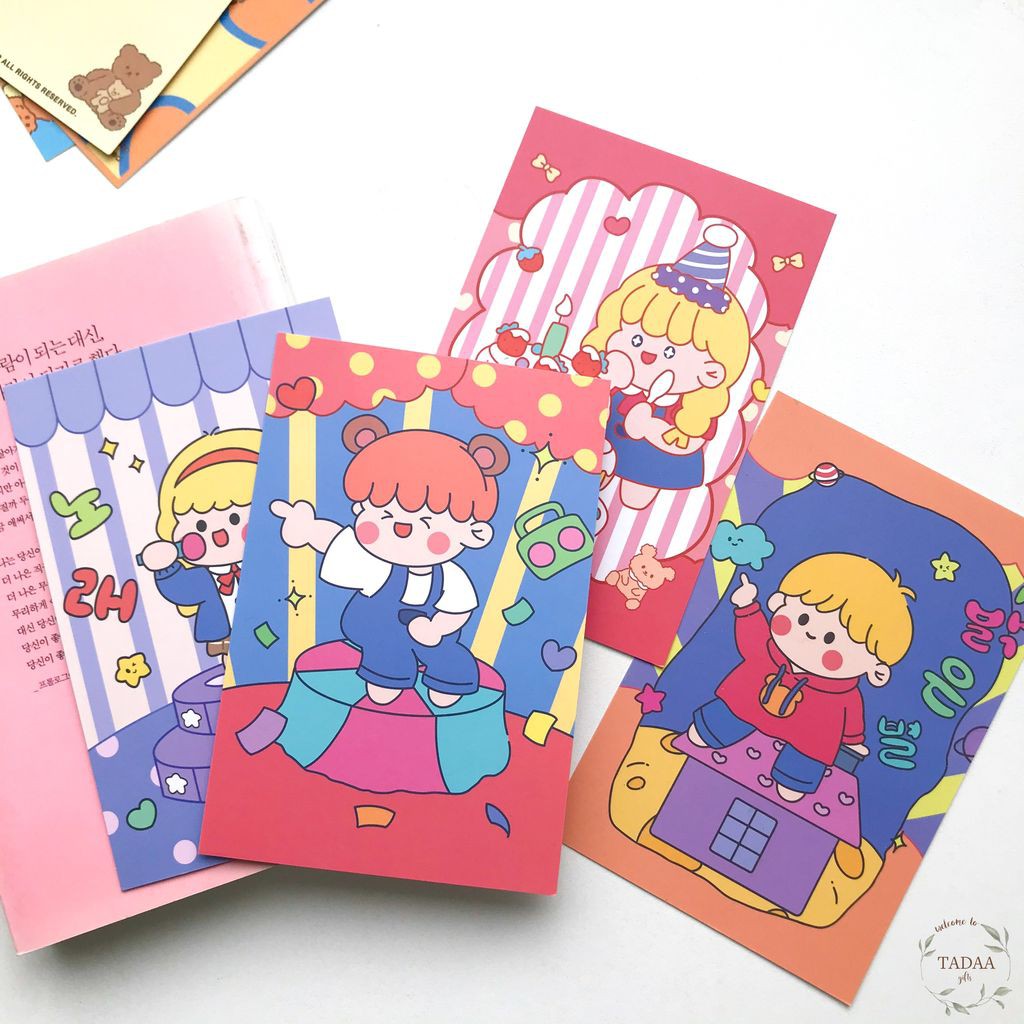 Set 4 postcard gấu trái tim dễ thương nhiều màu trang trí tường