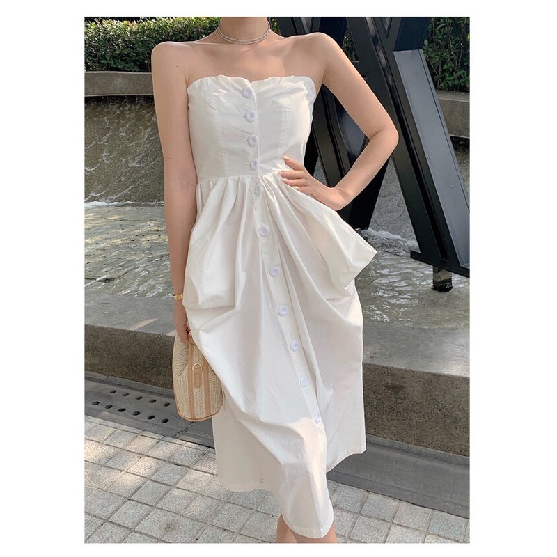 Đầm/ váy trắng sang chảnh quây ngực đính cúc trắng dáng xoè