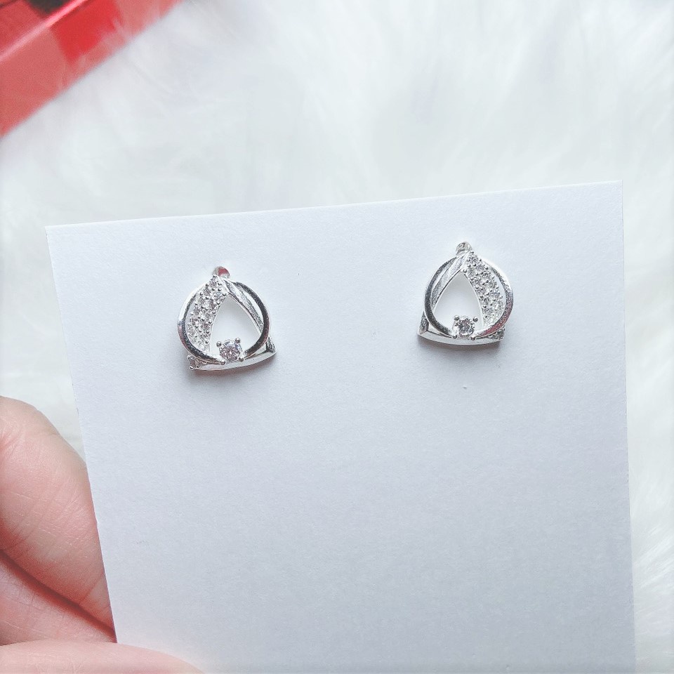 Bông tai bạc hình tròn lồng tam giác. khuyên tai chất liệu bạc ta cao cấp - Trang sức bạc Evasilver