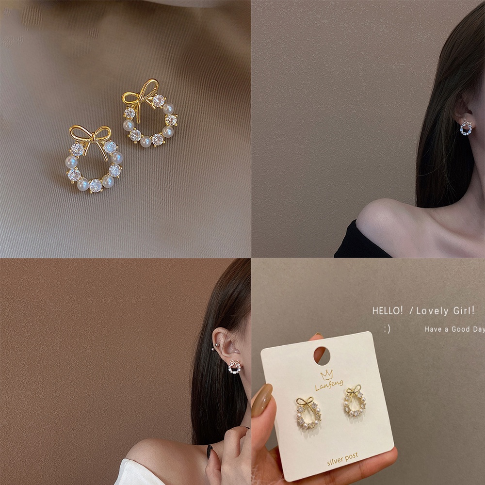 Đôi khuyên tai hình nơ đính ngọc trai giả thời trang cho nữ