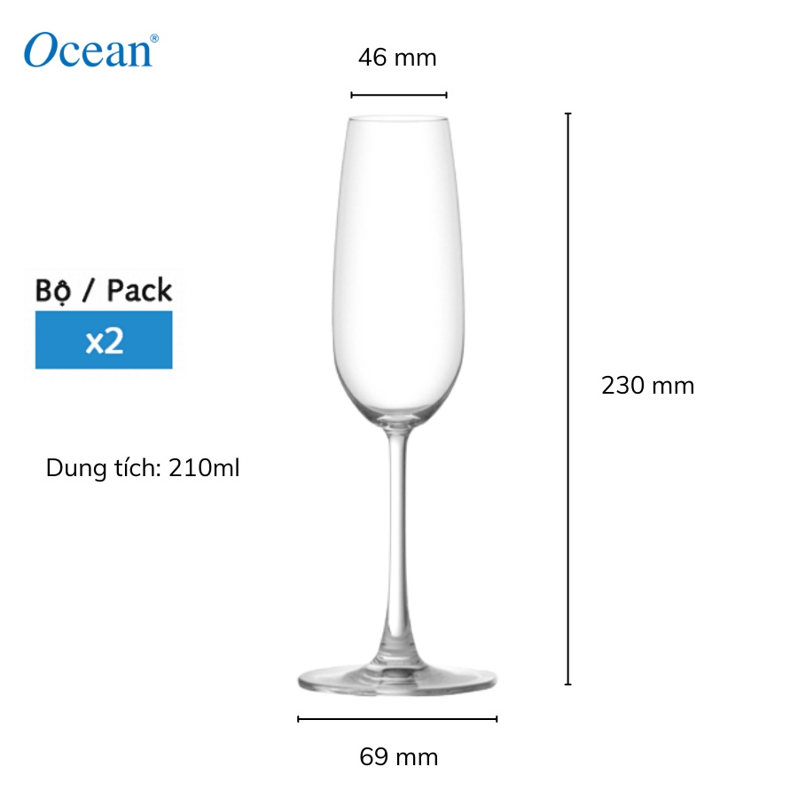 Bộ 2 Ly Rượu Thủy Tinh Ocean Madison Flute Champ 210ml