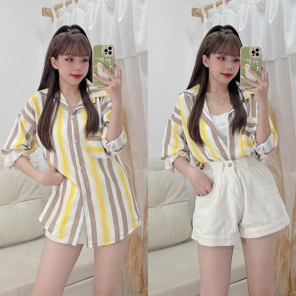 Áo Sơ Mi Sọc Phối Màu Tay Dài Có Túi