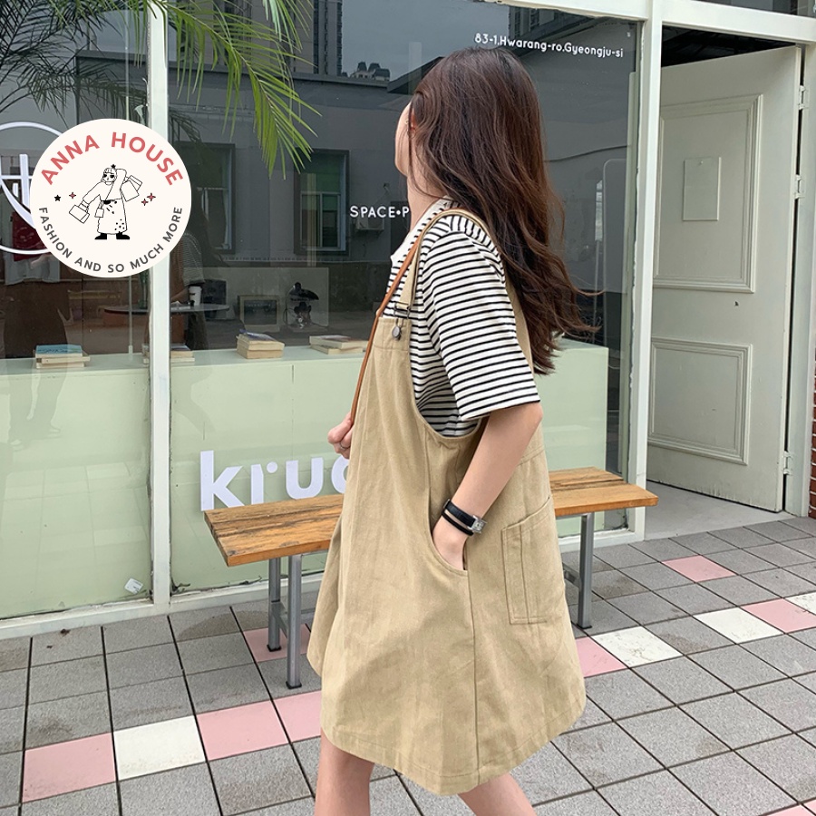 Set váy yếm nữ dáng xòe ngắn suông rộng xếp ly kèm áo thun kẻ sọc - set đầm yếm 2 dây bản to kèm áo phông kẻ form rộng