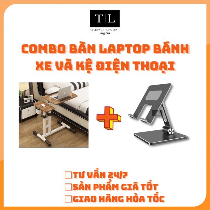 (Combo 2 sản phẩm) Bàn Laptop di động thông minh và Kệ điện thoại - Mặt bàn điểu chỉnh độ nghiêng kèm giỏ bút có bánh xe