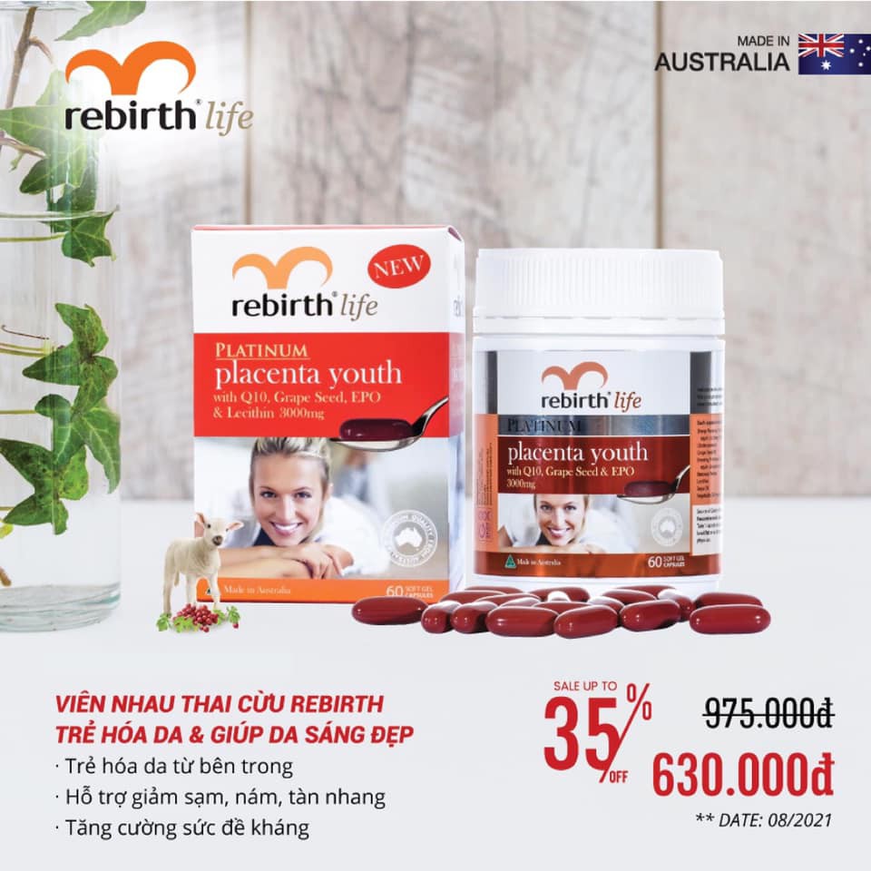 Viên nhau thai cừu Úc Rebirth Life Platinum Placenta Youth 60 capsules