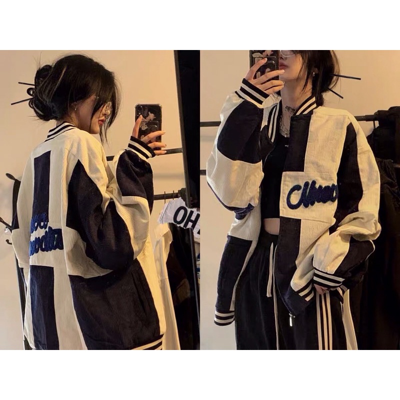 Áo khoác bóng chày denim phong cách retro dày dặn