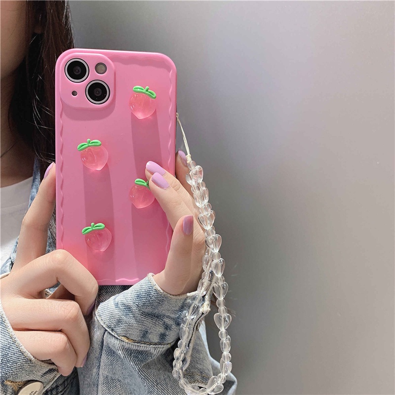 Ốp Điện Thoại TPU Dẻo Họa Tiết Trái Đào Có Dây Đeo Tay Cho iphone7plus 13 pro max 12 pro max 11 pro max xsmax