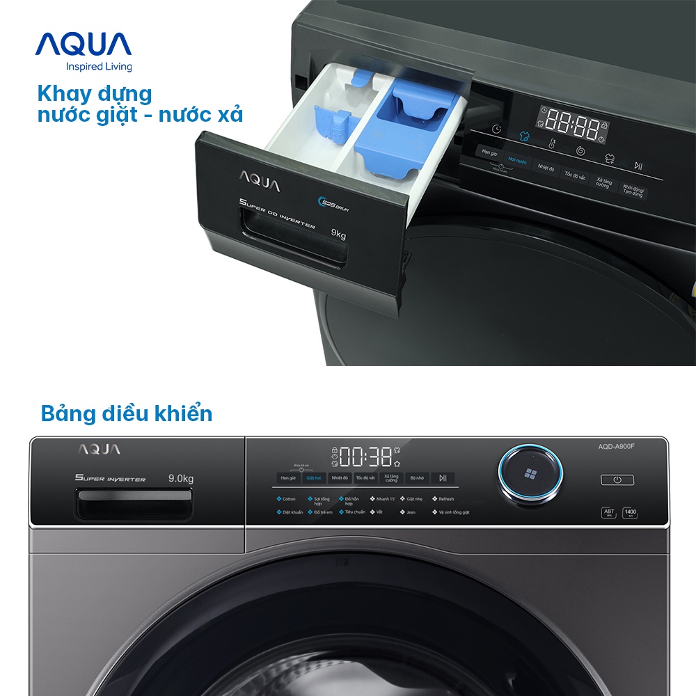 Freeship Toàn Quốc - Máy giặt cửa trước Aqua 9kg AQD-D903G.BK